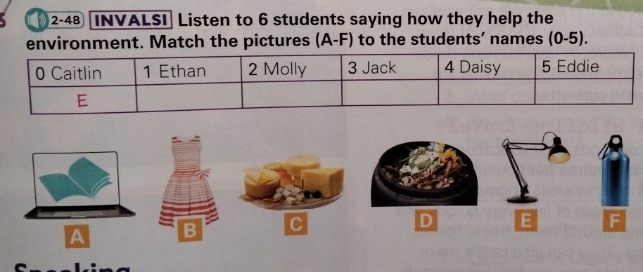 2-48 INVALSI Listen to 6 students saying how they help the 
environment. Match the pictures (A- F) to the students’ names (0-5).
E F
C 
D