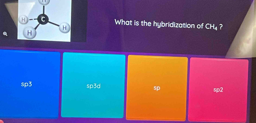 、 
What is the hybridization of CH_4 ?

sp3 sp3d sp
sp2