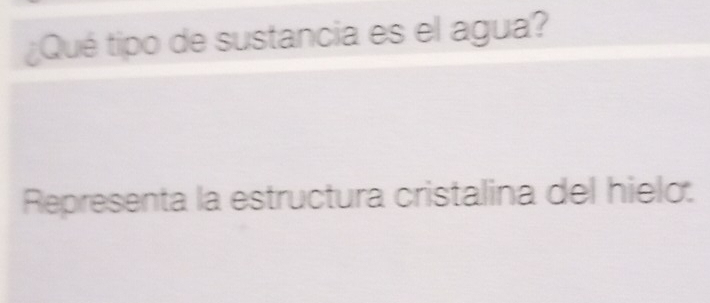 ¿Qué tipo de sustancia es el agua? 
Representa la estructura cristalina del hielo: