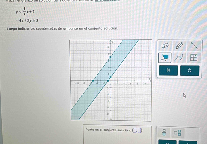 frazar el granco de solución del siguiente sistema d
y
-4x+3y≥ 3
Luego indicar las coordenadas de un punto en el conjunto solución.
)=
× 5 
Punto en el conjunto solución: □ .□ □  □ /□   □  □ /□  