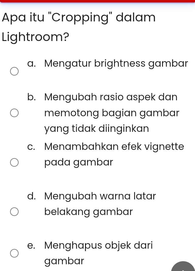 Apa itu "Cropping" dalam
Lightroom?
a. Mengatur brightness gambar
b. Mengubah rasio aspek dan
memotong bagian gambar
yang tidak diinginkan
c. Menambahkan efek vignette
pada gambar
d. Mengubah warna latar
belakang gambar
e. Menghapus objek dari
gambar