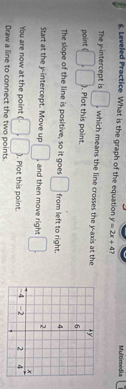 Multimedia 
6. Leveled Practice What is the graph of the equation y=2x+4 ? 
The y-intercept is □. , which means the line crosses the y-axis at the 
point ( □. □ . Plot this point. 
The slope of the line is positive, so it goes □ from left to right. 
Start at the y-intercept. Move up □. , and then move right  sqrt(5)/5 
You are now at the point (□ ,□ ). Plot this point. 
Draw a line to connect the two points.