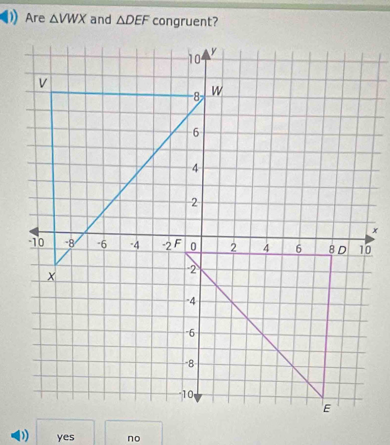 Are △ VWX and △ DEF congruent?
yes no