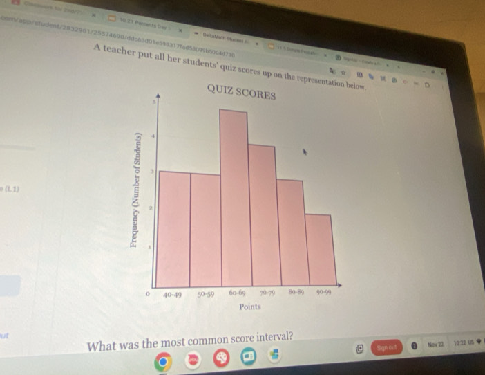 Covesar tai 2nd/? 10 21 Percents tes
Desbadath Student === 13 A Simasa Propa
conVapp/sfudent/2832961/25574690fddc63d01e598317fad58999b5004d730 ☆ E .
           
A teacher put all her students' quiz scores up on the representation below.
(L1)
ut
What was the most common score interval? Now 22. 10:22 US
a Sign out
