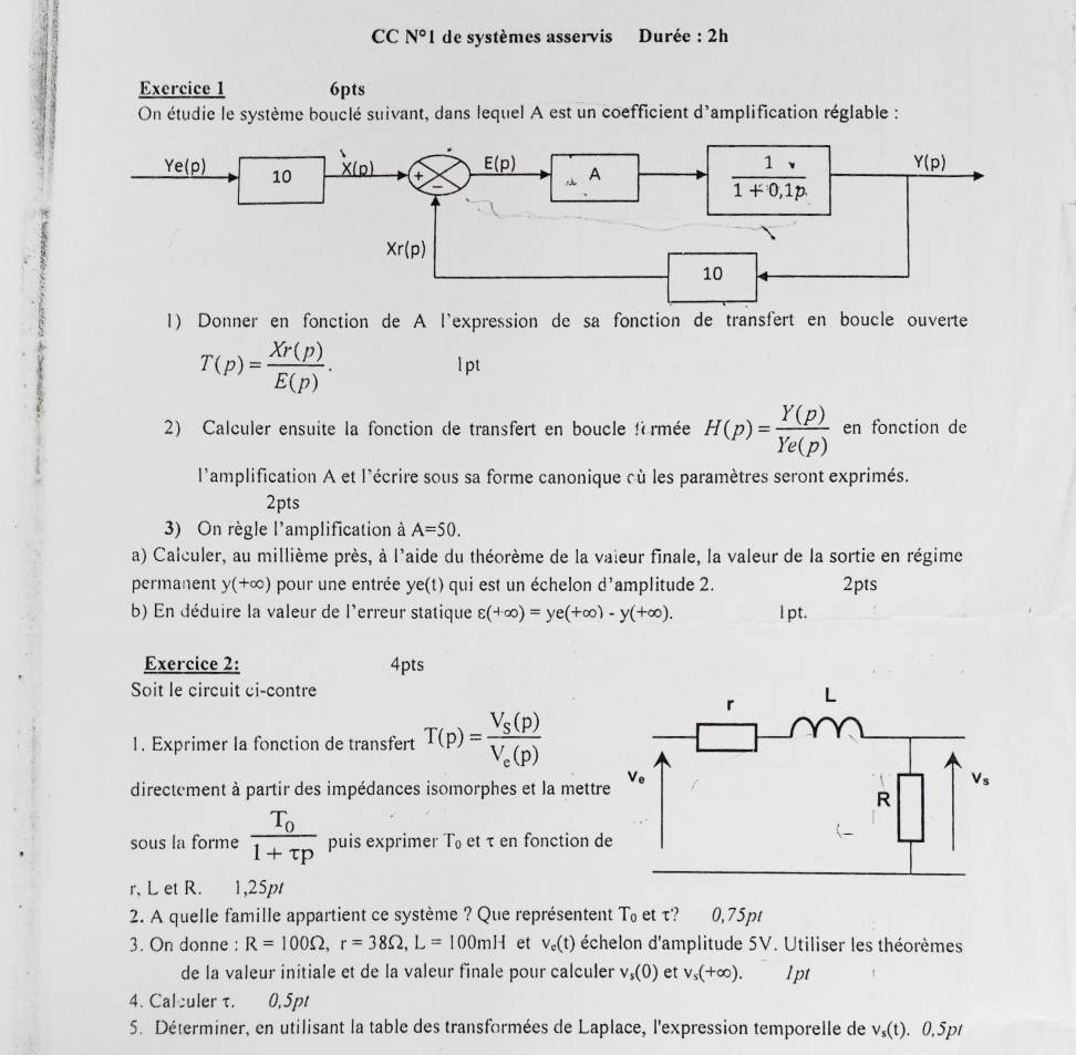 Solved CC N° I de systèmes asservis Durée 2h Exercice 1 6pts On — free download
