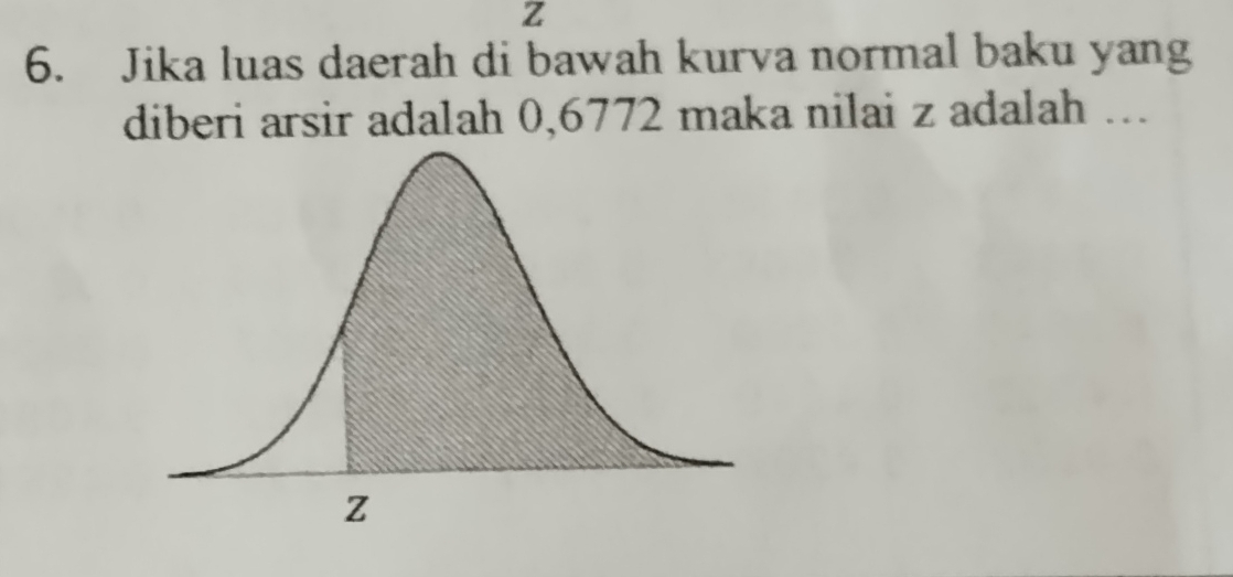 z
6. Jika luas daerah di bawah kurva normal baku yang 
diberi arsir adalah 0,6772 maka nilai z adalah ...