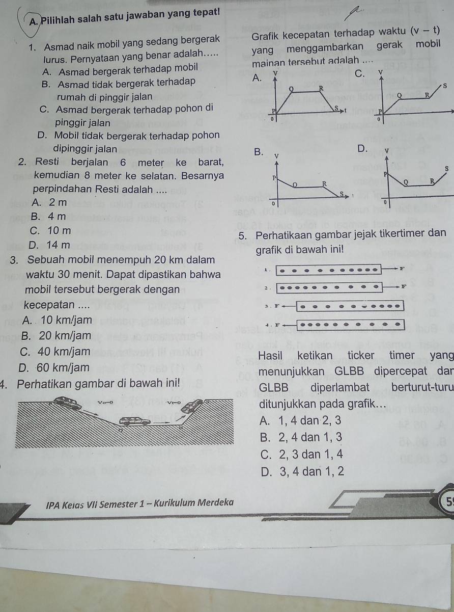 Pilihlah salah satu jawaban yang tepat!
1. Asmad naik mobil yang sedang bergerak Grafik kecepatan terhadap waktu (v-t)
lurus. Pernyataan yang benar adalah..... yang menggambarkan gerak mobil
A. Asmad bergerak terhadap mobil mainan tersebut adalah
B. Asmad tidak bergerak terhadap
A.
C
Q R
rumah di pinggir jalan
C. Asmad bergerak terhadap pohon di S t
P
pinggir jalan
。
D. Mobil tidak bergerak terhadap pohon
dipinggir jalan B
D.
2. Resti berjalan 6 meter ke barat,
kemudian 8 meter ke selatan. Besarnya 
perpindahan Resti adalah ....
A. 2 m
B. 4 m
C. 10 m
5. Perhatikaan gambar jejak tikertimer dan
D. 14 m
3. Sebuah mobil menempuh 20 km dalam grafik di bawah ini!
waktu 30 menit. Dapat dipastikan bahwa 1.
F
mobil tersebut bergerak dengan
2
F
kecepatan .... 3 . F
A. 10 km/jam 4、 F
B. 20 km/jam
C. 40 km/jam Hasil ketikan ticker timer yan
D. 60 km/jam menunjukkan GLBB dipercepat dan
4. Perhatikan gambar di bawah ini! GLBB diperlambat berturut-turu
ditunjukkan pada grafik...
A. 1, 4 dan 2, 3
B. 2, 4 dan 1, 3
C. 2, 3 dan 1, 4
D. 3, 4 dan 1, 2
IPA Kelas VII Semester 1 - Kurikulum Merdeka
5