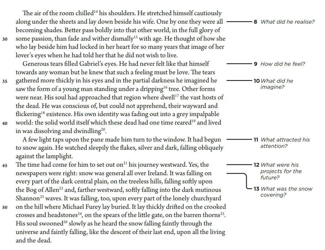 The air of the room chilled¹⁴ his shoulders. He stretched himself cautiously
along under the sheets and lay down beside his wife. One by one they were all _8 What did he realise?
becoming shades. Better pass boldly into that other world, in the full glory of
30 some passion, than fade and wither dismal y^(15) with age. He thought of how she
who lay beside him had locked in her heart for so many years that image of her
lover’s eyes when he had told her that he did not wish to live.
_
Generous tears filled Gabriel’s eyes. He had never felt like that himself 9 How did he feel?
_
towards any woman but he knew that such a feeling must be love. The tears
35 gathered more thickly in his eyes and in the partial darkness he imagined he 10 What did he
saw the form of a young man standing under a dripping¹é tree. Other forms imagine?
were near. His soul had approached that region where dwell¹7 the vast hosts of
the dead. He was conscious of, but could not apprehend, their wayward and
flickering¹* existence. His own identity was fading out into a grey impalpable
40 world: the solid world itself which these dead had one time reared'° and lived
in was dissolving and dwindling²º.
A few light taps upon the pane made him turn to the window. It had begun 11 What attracted his
to snow again. He watched sleepily the flakes, silver and dark, falling obliquely attention?
against the lamplight.
45 The time had come for him to set out on^(21) his journey westward. Yes, the 12 What were his
newspapers were right: snow was general all over Ireland. It was falling on projects for the
future?
every part of the dark central plain, on the treeless hills, falling softly upon
the Bog of Allen^(22) and, farther westward, softly falling into the dark mutinous 13 What was the snow
Shan non^(23) waves. It was falling, too, upon every part of the lonely churchyard
covering?
so on the hill where Michael Furey lay buried. It lay thickly drifted on the crooked
crosses and heads tones^(24) , on the spears of the little gate, on the barren thorn s^(25).
His soul swoone d^(26) slowly as he heard the snow falling faintly through the
universe and faintly falling, like the descent of their last end, upon all the living
and the dead.