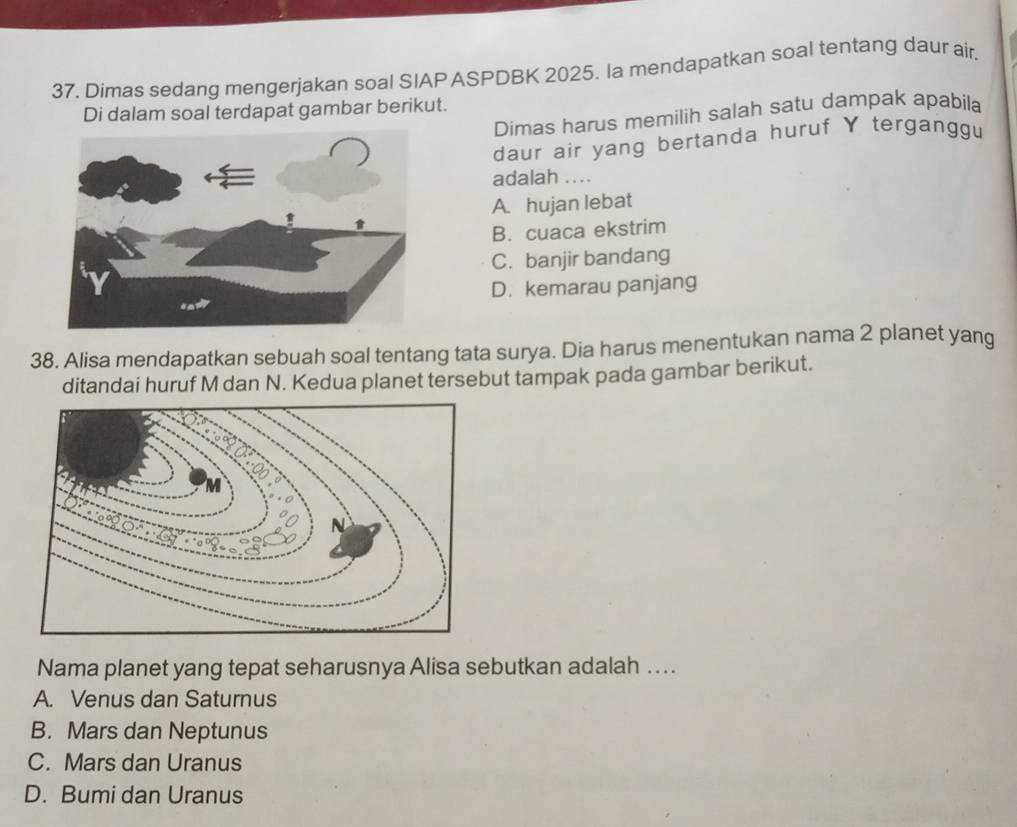 37, Dimas sedang mengerjakan soal SIAPASPDBK 2025. Ia mendapatkan soal tentang daur air.
Di dalam soal terdapat gambar berikut.
Dimas harus memilih salah satu dampak apabila
daur air yang bertanda huruf Y terganggu
adalah ....
A. hujan lebat
B. cuaca ekstrim
C. banjir bandang
D. kemarau panjang
38. Alisa mendapatkan sebuah soal tentang tata surya. Dia harus menentukan nama 2 planet yang
ditandai huruf M dan N. Kedua planet tersebut tampak pada gambar berikut.
Nama planet yang tepat seharusnya Alisa sebutkan adalah ….
A. Venus dan Saturnus
B. Mars dan Neptunus
C. Mars dan Uranus
D. Bumi dan Uranus