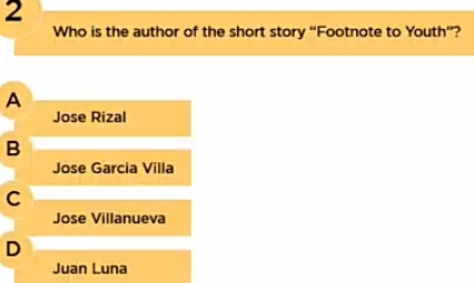 Who is the author of the short story “Footnote to Youth”?
A
Jose Rizal
B
Jose Garcia Villa
C
Jose Villanueva
D
Juan Luna