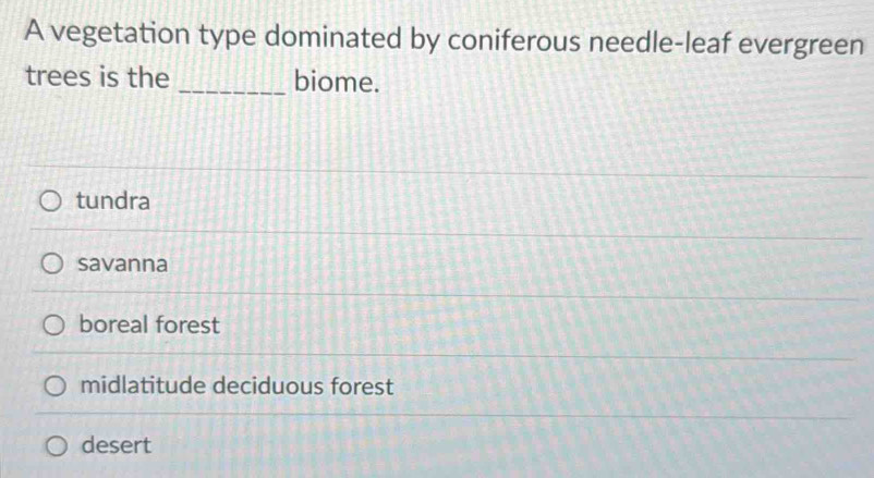 Solved: A vegetation type dominated by coniferous needle-leaf evergreen