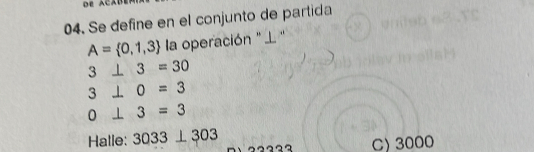 Se define en el conjunto de partida
A= 0,1,3 la operación " ⊥ “
a _ 13=30
_ 0=3
0⊥ 3=3
Halle: 3033⊥ 303
C) 3000