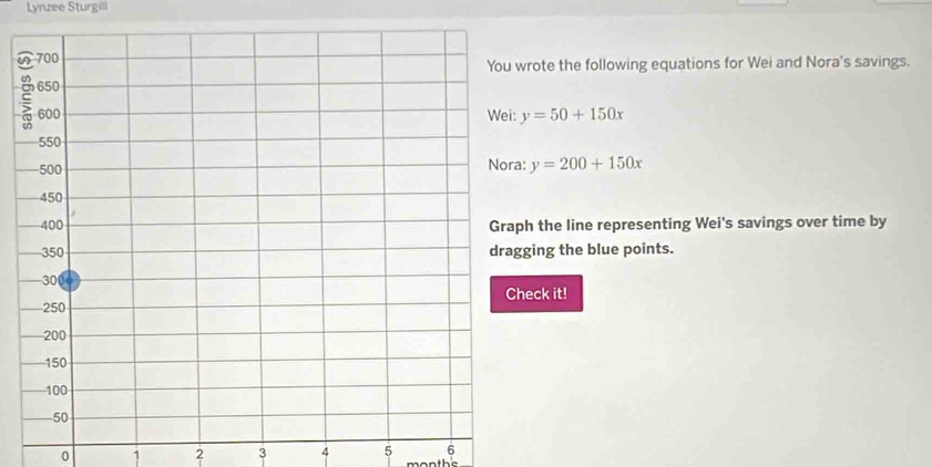 Lynzee Sturgill
rote the following equations for Wei and Nora's savings.
y=50+150x
y=200+150x
h the line representing Wei's savings over time by
ing the blue points.
eck it!
0 1 2 3 4 5 6
m on th e