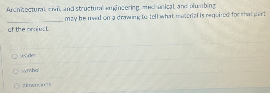 Architectural, civil, and structural engineering, mechanical, and plumbing
_may be used on a drawing to tell what material is required for that part
of the project.
leader
symbol
dimensions