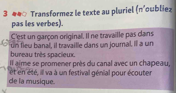 Transformez le texte au pluriel (n’oubliez 
pas les verbes). 
C'est un garçon original. Il ne travaille pas dans 
un lieu banal, il travaille dans un journal. Il a un 
bureau très spacieux. 
Il aime se promener près du canal avec un chapeau, 
et en été, il va à un festival génial pour écouter 
de la musique.