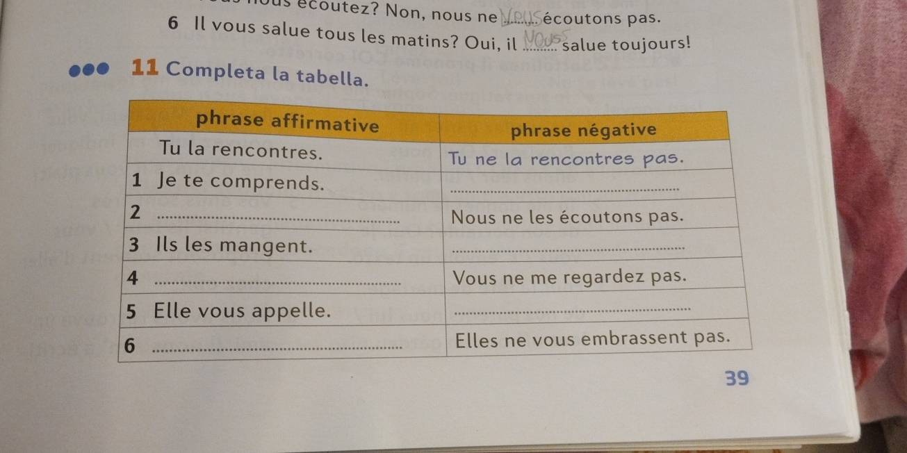 ous ecoutez? Non, nous ne écoutons pas. 
6 Il vous salue tous les matins? Oui, il _salue toujours! 
11 Completa la tabella. 
39