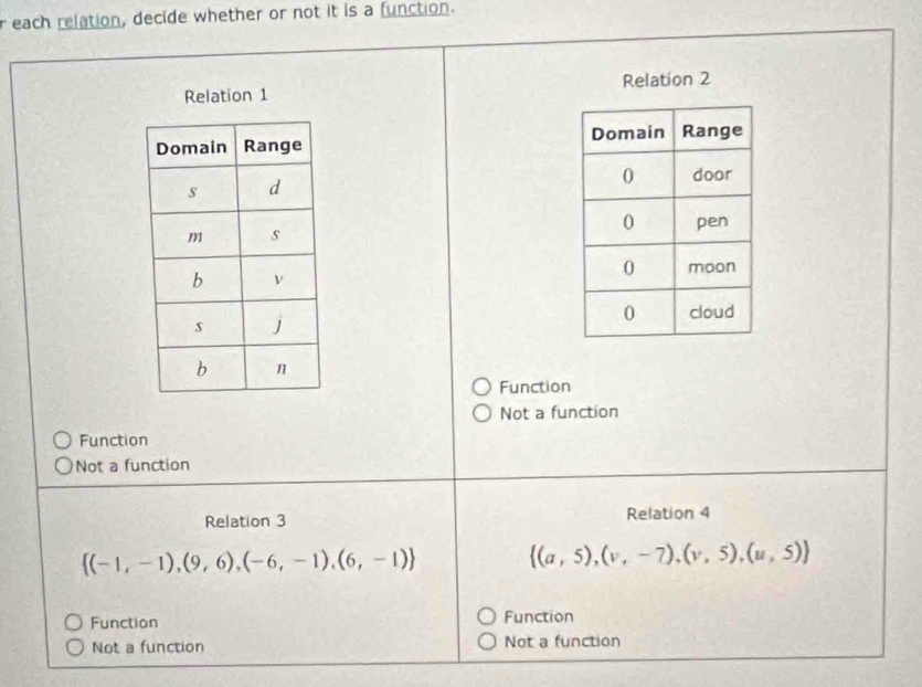 each relation, decide whether or not it is a function.
Relation 2

Function
Not a function
Function
Not a function
Relation 3 Relation 4
 (-1,-1),(9,6),(-6,-1),(6,-1)  (a,5),(v,-7),(v,5),(u,5)
Function Function
Not a function Not a function