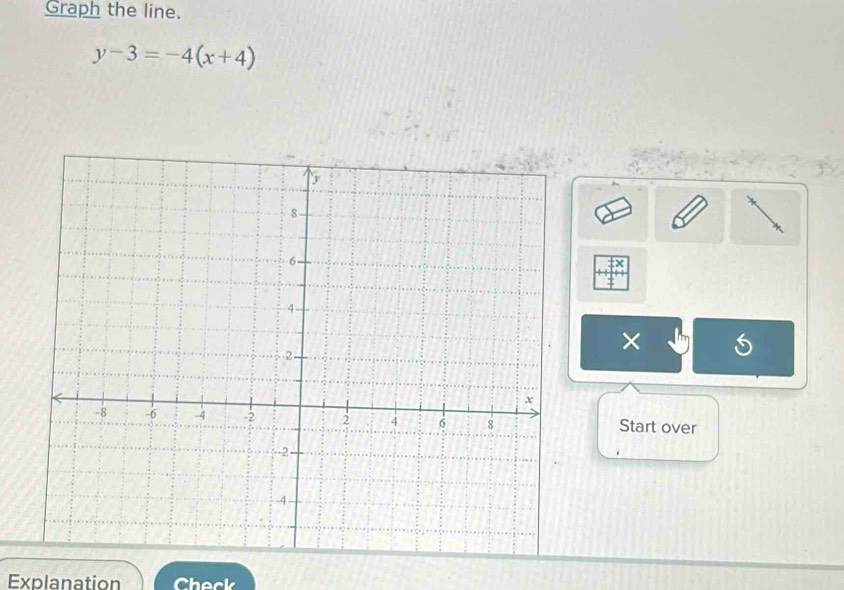 Graph the line.
y-3=-4(x+4)
× 
Start over 
Explanation Check