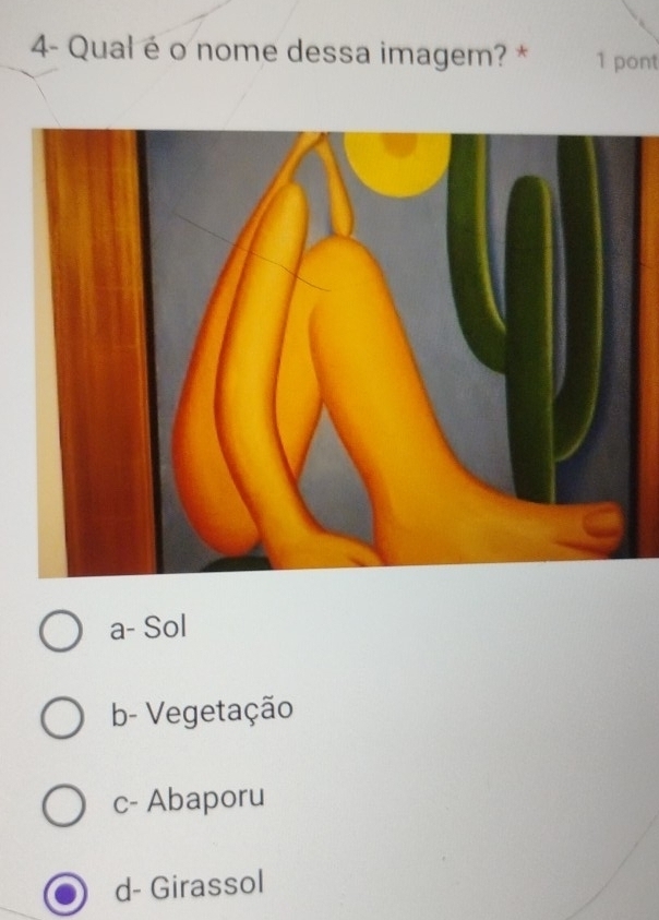 4- Qual é o nome dessa imagem? * 1 pont
a- Sol
b- Vegetação
c- Abaporu
d- Girassol