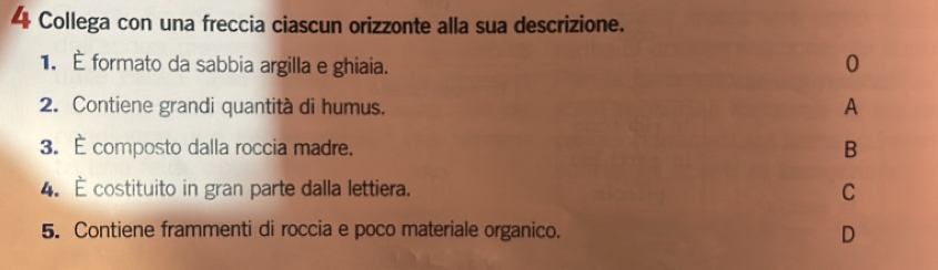 Collega con una freccia ciascun orizzonte alla sua descrizione.
1.É formato da sabbia argilla e ghiaia. 0
2. Contiene grandi quantità di humus. A
3. É composto dalla roccia madre.
B
4. É costituito in gran parte dalla lettiera. C
5. Contiene frammenti di roccia e poco materiale organico.
D