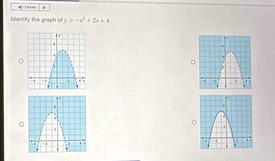 ) Listen 
Identify the graph of y>-x^2+2x+4.