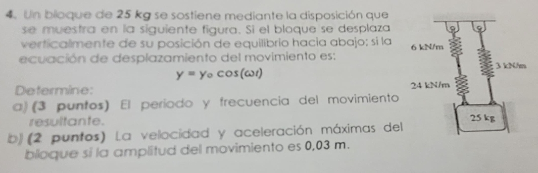 Un bioque de 25 kg se sostiene mediante la disposición que 
se muestra en la siguiente figura. Sì el bloque se desplaza 
verticalmente de su posición de equilibrio hacia abajo; si la 
ecuación de desplazamiento del movimiento es:
y=y_0cos (omega t)
Determine: 
a)(3 puntos) El período y frecuencia del movimiento 
resultante. 
b) (2 puntos) La velocidad y aceleración máximas del 
bloque si la amplitud del movimiento es 0,03 m.