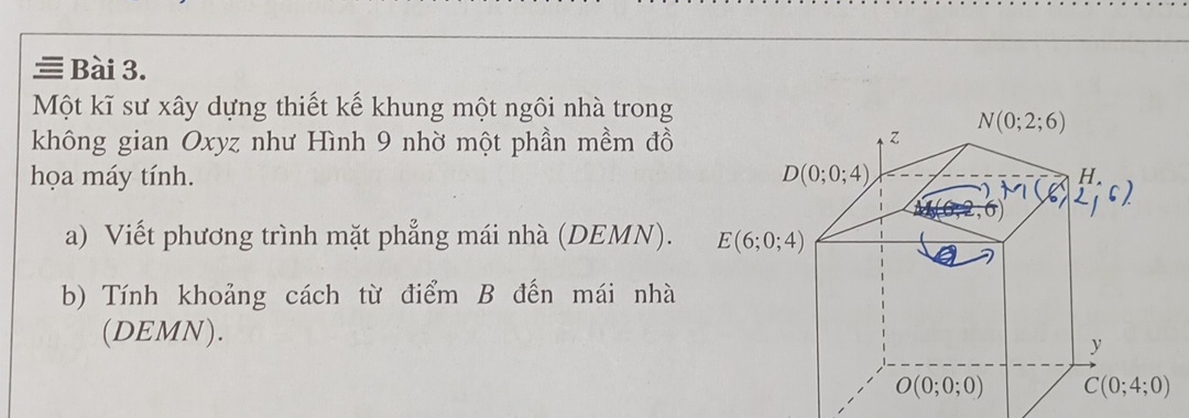 Một kĩ sư xây dựng thiết kế khung một ngôi nhà trong
không gian Oxyz như Hình 9 nhờ một phần mềm đồ
họa máy tính. 
a) Viết phương trình mặt phẳng mái nhà (DEMN). 
b) Tính khoảng cách từ điểm B đến mái nhà
(DEMN).