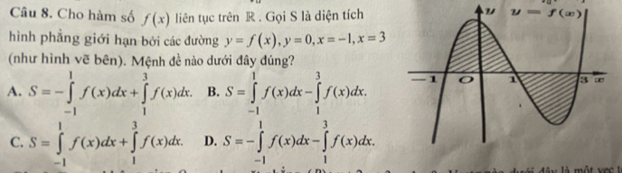 Cho hàm số f(x) liên tục trên R . Gọi S là diện tích
hình phẳng giới hạn bởi các đường y=f(x),y=0,x=-1,x=3
(như hình vẽ bên). Mệnh đề nào dưới đây đúng?
A. S=-∈tlimits _(-1)^1f(x)dx+∈tlimits _1^3f(x)dx. B. S=∈tlimits _(-1)^1f(x)dx-∈tlimits _1^3f(x)dx.
C. S=∈tlimits _(-1)^1f(x)dx+∈tlimits _1^3f(x)dx. D. S=-∈tlimits _(-1)^1f(x)dx-∈tlimits _1^3f(x)dx.
u là  một  v e