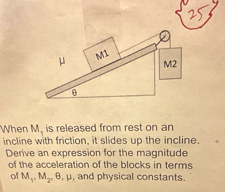 When M_1 is released from rest on an 
incline with friction, it slides up the incline. 
Derive an expression for the magnitude 
of the acceleration of the blocks in terms 
of M_1, M_2, □  θ , μ , and physical constants.