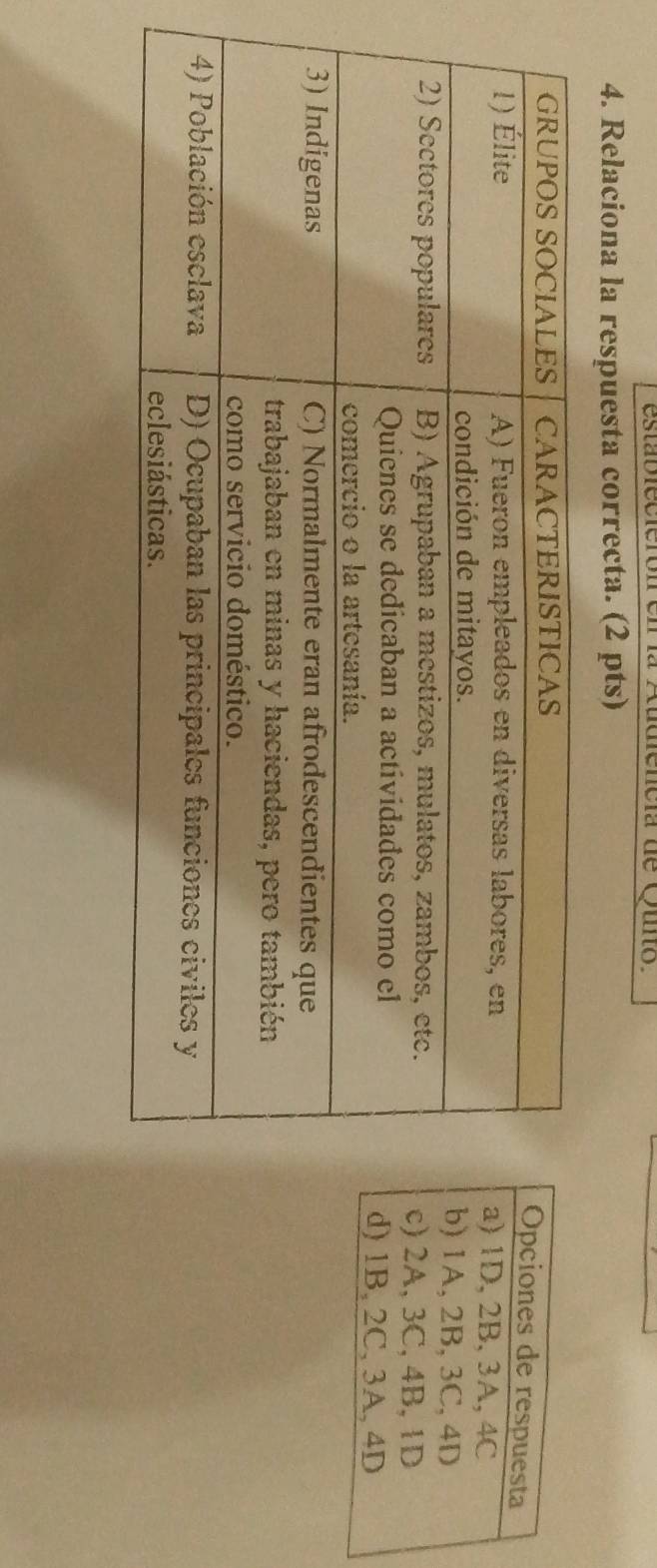 establecierón en la Audiencia de Quito. 
4. Relaciona la respuesta correcta. (2 pts)