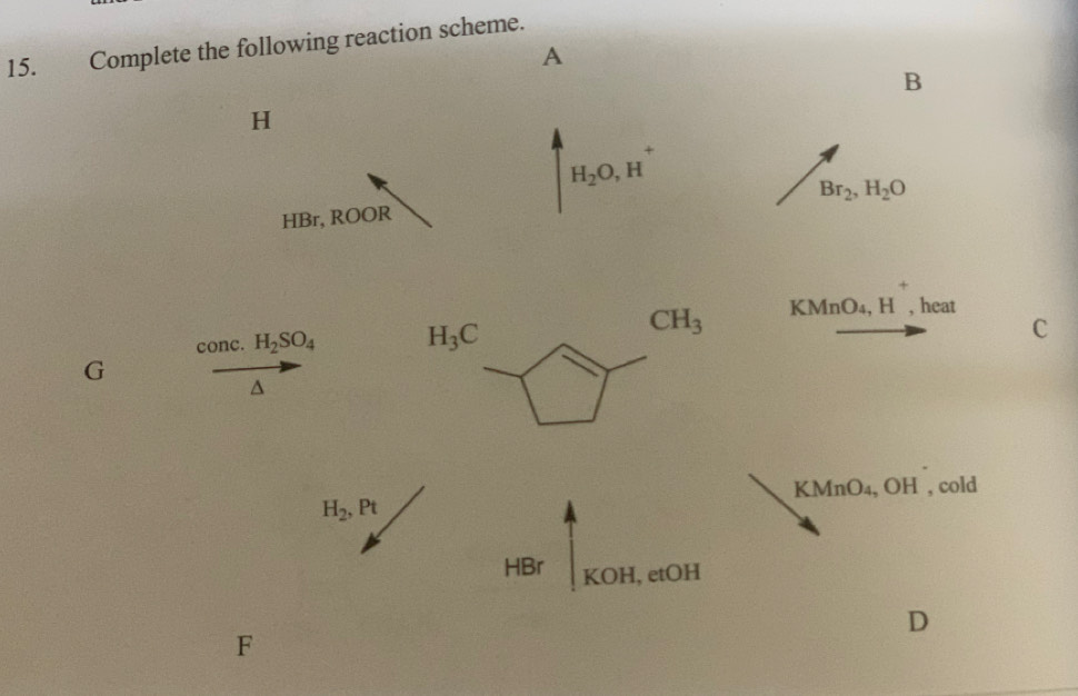 Complete the following reaction scheme. 
A 
B
H
H_2O, H
Br_2, H_2O
HBr, ROOR
CH_3 KMnO_4, H , heat 
conc. H_2SO_4 H_3C
C
G^(KMnO₄, OH , cold
H_2), Pt
HBr KOH, etOH 
D 
F