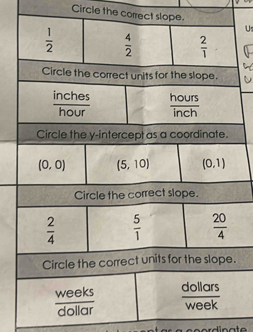 Circle the corr
Us
 weeks/dollar 
 dollars/week 