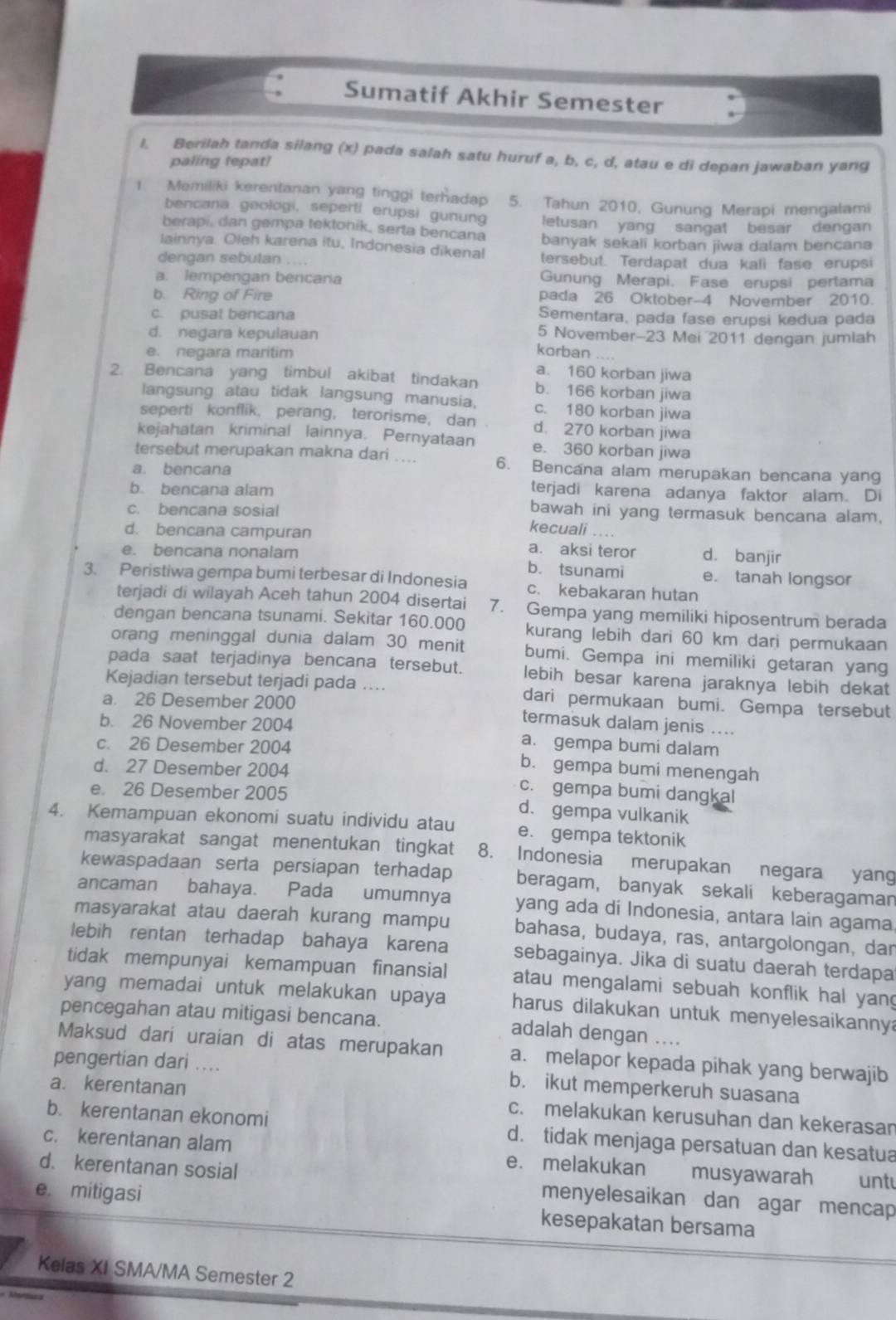 Sumatif Akhir Semester
I. Berilah tanda silang (x) pada salah satu huruf a, b, c, d, atau e di depan jawaban yang
paling tepat?
1. Memiliki kerentanan yang tinggi terhadap 5. Tahun 2010, Gunung Merapi mengalami
bencana geologi, seperti erupsi gunung
berapi, dan gempa tektonik, serta bencana letusan yang sangat besar dengan
lainnya. Oleh karena itu, Indonesia dikenal banyak sekali korban jiwa dalam bencana
dengan sebutan .... tersebut. Terdapat dua kali fase erupsi
a. lempengan bencana Gunung Merapi. Fase erupsi pertama
b. Ring of Fire pada 26 Oktober-4 November 2010.
c. pusat bencana Sementara, pada fase erupsi kedua pada
d. negara kepulauan 5 November-23 Mei 2011 dengan jumiah
e. negara maritim korban a. 160 korban jiwa
2. Bencana yang timbul akibat tindakan b. 166 korban jiwa
langsung atau tidak langsung manusia, c. 180 korban jiwa
seperti konflik， perang， terorisme， dan d. 270 korban jiwa
kejahatan kriminal lainnya. Pernyataan e. 360 korban jiwa
tersebut merupakan makna dari .... 6. Bencana alam merupakan bencana yang
a. bencana
b. bencana alam
terjadi karena adanya faktor alam. Di
c. bencana sosial
bawah ini yang termasuk bencana alam.
kecuali ..
d. bencana campuran a. aksi teror d. banjir
e. bencana nonalam
b. tsunami e. tanah longsor
3. Peristiwa gempa bumi terbesar di Indonesia c. kebakaran hutan
terjadi di wilayah Aceh tahun 2004 disertai 7. Gempa yang memiliki hiposentrum berada
dengan bencana tsunami. Sekitar 160.000 kurang lebih dari 60 km dari permukaan
orang meninggal dunia dalam 30 menit bumi. Gempa ini memiliki getaran yang
pada saat terjadinya bencana tersebut. lebih besar karena jaraknya lebih dekat
Kejadian tersebut terjadi pada .... dari permukaan bumi. Gempa tersebut
a. 26 Desember 2000 termasuk dalam jenis ....
b. 26 November 2004
a. gempa bumi dalam
c. 26 Desember 2004 b. gempa bumi menengah
d. 27 Desember 2004 c. gempa bumi dangkal
e. 26 Desember 2005 d. gempa vulkanik
4. Kemampuan ekonomi suatu individu atau e. gempa tektonik
masyarakat sangat menentukan tingkat 8. Indonesia merupakan negara yang
kewaspadaan serta persiapan terhadap beragam, banyak sekali keberagaman
ancaman bahaya. Pada umumnya yang ada dí Indonesia, antara lain agama
masyarakat atau daerah kurang mampu bahasa, budaya, ras, antargolongan, dar
lebih rentan terhadap bahaya karena sebagainya. Jika di suatu daerah terdapa
tidak mempunyai kemampuan finansial atau mengalami sebuah konflik hal yang
yang memadai untuk melakukan upaya harus dilakukan untuk menyelesaikannya
pencegahan atau mitigasi bencana. adalah dengan ....
Maksud dari uraian di atas merupakan a. melapor kepada pihak yang berwajib
pengertian dari .... b. ikut memperkeruh suasana
a. kerentanan c. melakukan kerusuhan dan kekerasan
b. kerentanan ekonomi d. tidak menjaga persatuan dan kesatua
c. kerentanan alam e. melakukan musyawarah unt
d. kerentanan sosial menyelesaikan dan agar mencap
e. mitigasi kesepakatan bersama
Kelas XI SMA/MA Semester 2