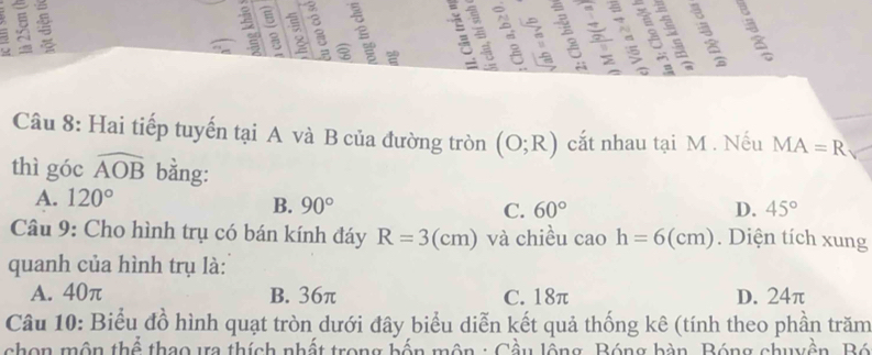 Hai tiếp tuyến tại A và B của đường tròn (O;R) ắt nhau tại M. Nếu MA=R
thì góc widehat AOB bằng:
A. 120°
B. 90° 60° D. 45°
C.
Câu 9: Cho hình trụ có bán kính đáy R=3(cm) và chiều cao h=6(cm). Diện tích xung
quanh của hình trụ là:
A. 40π B. 36π C. 18π D. 24π
Câu 10: Biểu đồ hình quạt tròn dưới đây biểu diễn kết quả thống kê (tính theo phần trăm
chon môn thể thao ưra thích nhất trong bến môn : Cầu lộng, Bóng bàn, Bóng chuyền, Bó