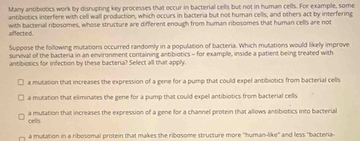 Many antibiotics work by disrupting key processes that occur in bacterial cells but not in human cells. For example, some
antibiotics interfere with cell wall production, which occurs in bacteria but not human cells, and others act by interfering
with bacterial ribosomes, whose structure are different enough from human ribosomes that human cells are not
affected.
Suppose the following mutations occurred randomly in a population of bacteria. Which mutations would likely improve
survival of the bacteria in an environment containing antibiotics - for example, inside a patient being treated with
antibiotics for infection by these bacteria? Select all that apply.
a mutation that increases the expression of a gene for a pump that could expel antibiotics from bacterial cells
a mutation that eliminates the gene for a pump that could expel antibiotics from bacterial cells
a mutation that increases the expression of a gene for a channel protein that allows antibiotics into bacterial
cells
a mutation in a ribosomal protein that makes the ribosome structure more "human-like" and less "bacteria-