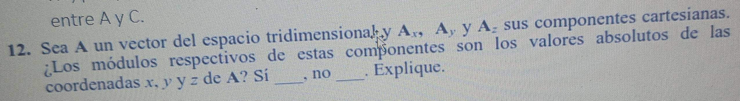 entre A y C. 
12. Sea A un vector del espacio tridimensional y A_x , A y A₂ sus componentes cartesianas. 
¿Los módulos respectivos de estas componentes son los valores absolutos de las 
coordenadas x, y y z de A? Sí _, no _. Explique.