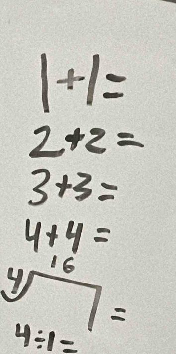 1+1=
2+2=
3+3=
4+4=
16
sqrt[4]()=
4/ 1=