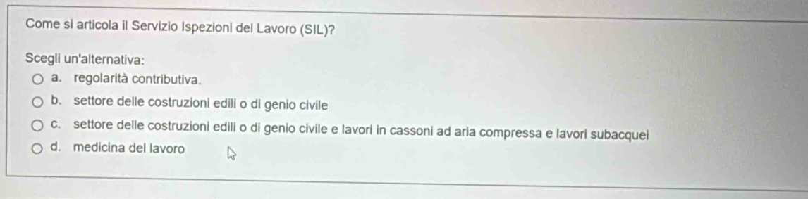 Come si articola il Servizio Ispezioni del Lavoro (SIL)?
Scegli un'alternativa:
a. regolarità contributiva.
b. settore delle costruzioni edili o di genio civile
c. settore delle costruzioni edili o di genio civile e lavori in cassoni ad aria compressa e lavori subacquei
d. medicina del lavoro