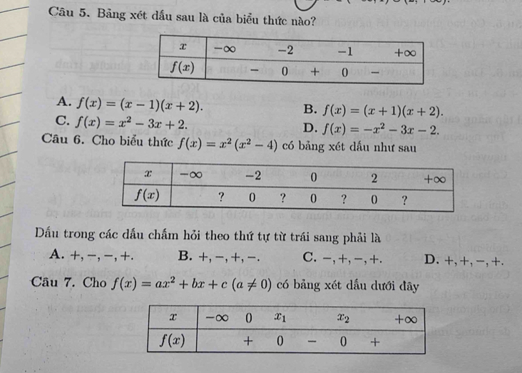 Bảng xét dấu sau là của biểu thức nào?
A. f(x)=(x-1)(x+2).
B. f(x)=(x+1)(x+2).
C. f(x)=x^2-3x+2.
D. f(x)=-x^2-3x-2.
Câu 6. Cho biểu thức f(x)=x^2(x^2-4) có bảng xét dấu như sau
Dấu trong các dấu chấm hỏi theo thứ tự từ trái sang phải là
A. +, −, −, +. B. +, −,+, -. C. -,+, -,+. D. +, +, −, +.
Cầâu 7. Cho f(x)=ax^2+bx+c(a!= 0) có bảng xét dầu dưới đây