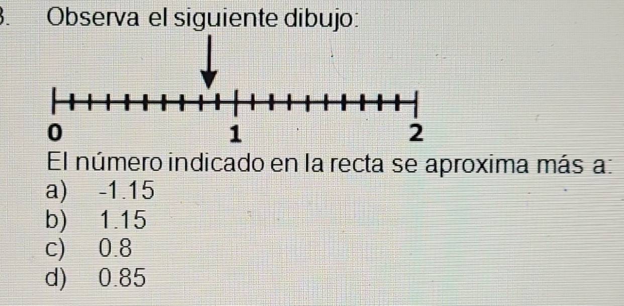 Observa el siguiente dibujo:
El número indicado en la recta se aproxima más a:
a) -1.15
b) 1.15
c) 0.8
d) 0.85