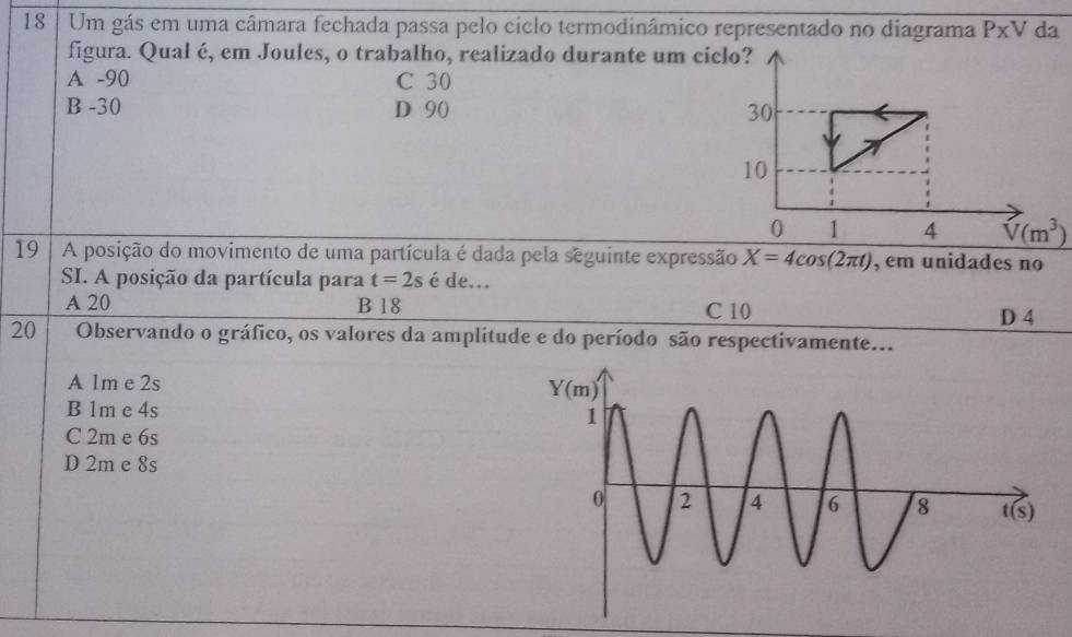 Um gás em uma câmara fechada passa pelo ciclo termodinâmico representado no diagrama P* V da
figura. Qual é, em Joules, o trabalho, realizado durante um ciclo?
A -90 C 30
B -30 D 90 
19 A posição do movimento de uma partícula é dada pela seguinte expressão X=4cos (2π t) , em unidades no
SI. A posição da partícula para t=2s é de...
A 20 B 18 C 10 D 4
20 Observando o gráfico, os valores da amplitude e do período são respectivamente...
A 1m e 2s
B 1m e 4s
C 2m e 6s
D 2m e 8s