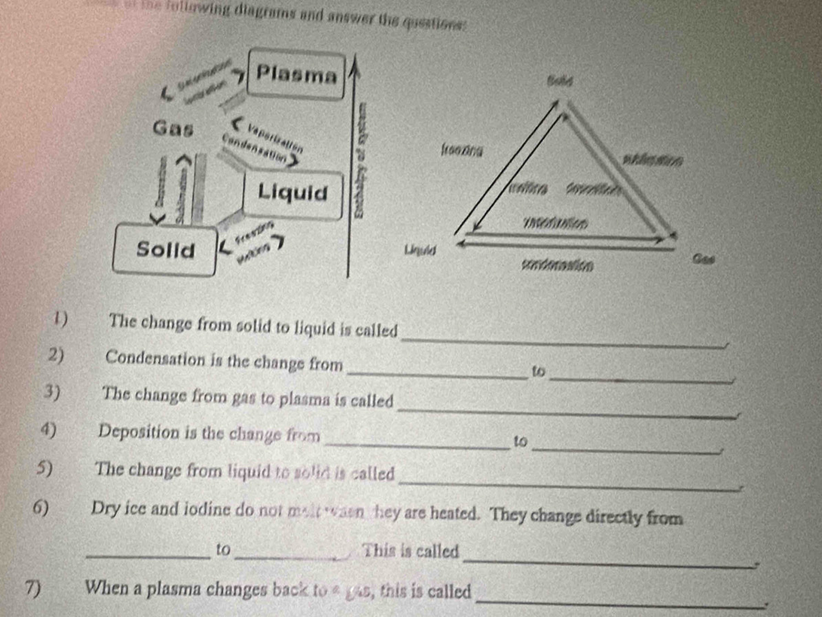 he fol lowing diagrams and answer the questions 

_ 
1) The change from solid to liquid is called 
_ 
2) Condensation is the change from 
_to 
_ 
3) The change from gas to plasma is called 
_ 
4) Deposition is the change from _to 
_ 
5) The change from liquid to solid is called 
6) Dry ice and iodine do not melt when they are heated. They change directly from 
_ 
_to_ This is called 
_ 
7) When a plasma changes back to º gás, , this is called