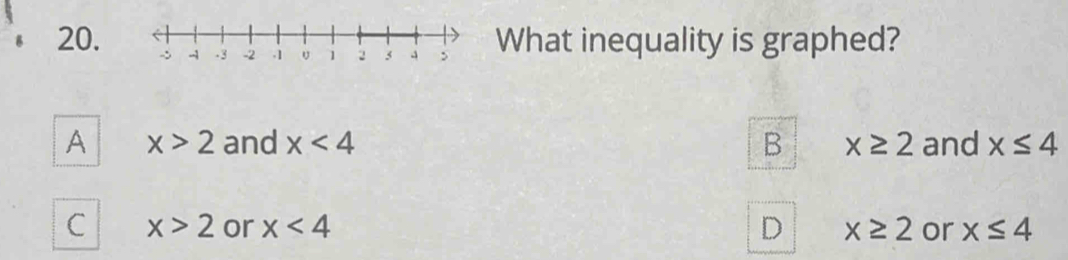 What inequality is graphed?
A x>2 and x<4</tex> B x≥ 2 and x≤ 4
C x>2 or x<4</tex> D x≥ 2 or x≤ 4