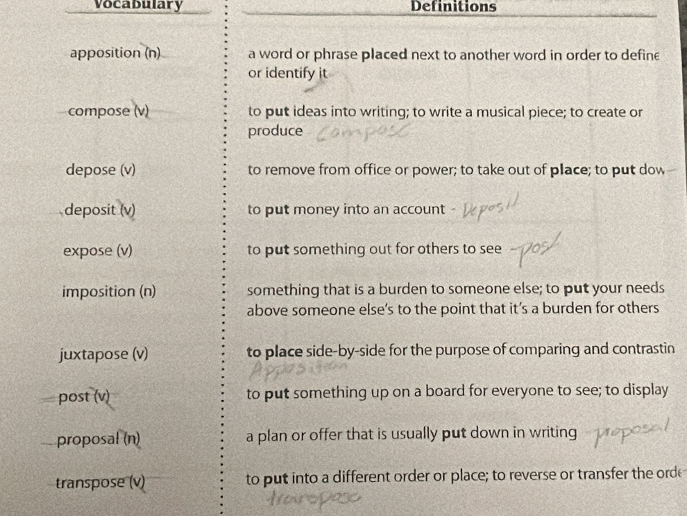 Vocabulary Definitions 
apposition (n) a word or phrase placed next to another word in order to define 
or identify it 
compose (v) to put ideas into writing; to write a musical piece; to create or 
produce 
depose (v) to remove from office or power; to take out of place; to put dow- 
deposit (v) to put money into an account 
expose (v) to put something out for others to see 
imposition (n) something that is a burden to someone else; to put your needs 
above someone else’s to the point that it’s a burden for others 
juxtapose (v) to place side-by-side for the purpose of comparing and contrastin 
post (v) to put something up on a board for everyone to see; to display 
proposal (n) a plan or offer that is usually put down in writing 
transpose (v) to put into a different order or place; to reverse or transfer the orde