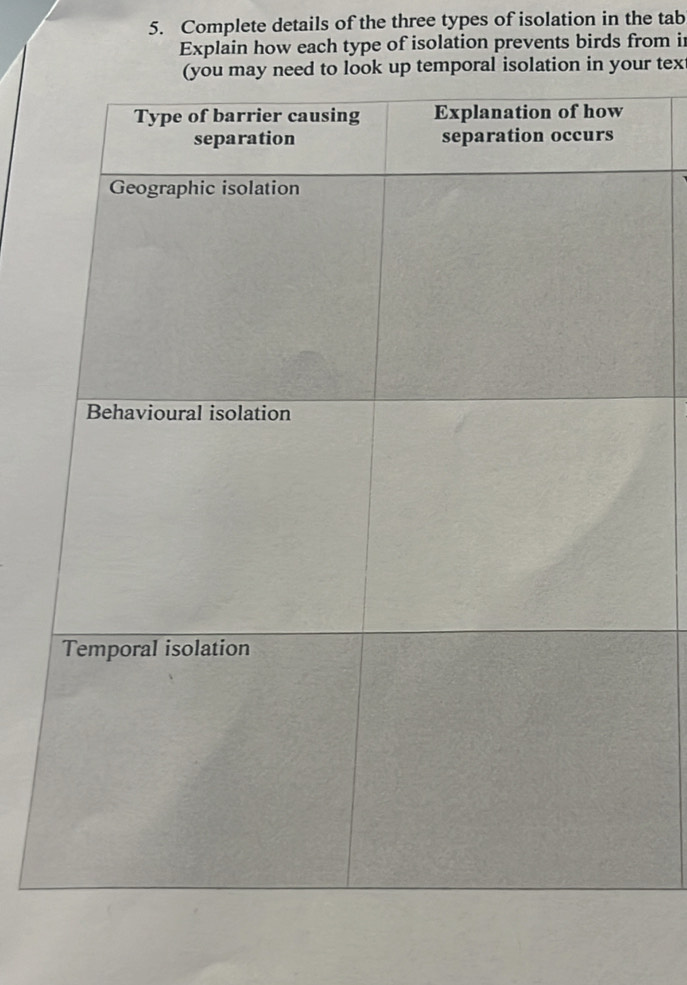 Complete details of the three types of isolation in the tab 
Explain how each type of isolation prevents birds from i 
to look up temporal isolation in your tex