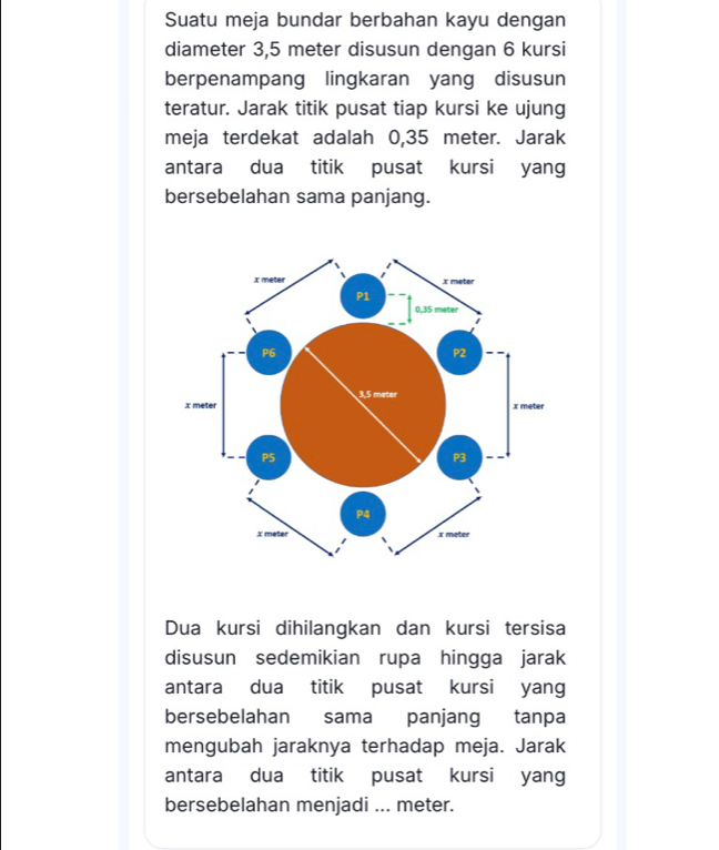 Suatu meja bundar berbahan kayu dengan 
diameter 3,5 meter disusun dengan 6 kursi 
berpenampang lingkaran yang disusun 
teratur. Jarak titik pusat tiap kursi ke ujung 
meja terdekat adalah 0,35 meter. Jarak 
antara dua titik pusat kursi yang 
bersebelahan sama panjang. 
Dua kursi dihilangkan dan kursi tersisa 
disusun sedemikian rupa hingga jarak 
antara dua titik pusat kursi yang 
bersebelahan sama panjang tanpa 
mengubah jaraknya terhadap meja. Jarak 
antara dua titik pusat kursi yang 
bersebelahan menjadi ... meter.