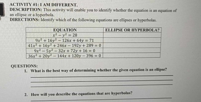 ACTIVITY #1: I AM DIFFERENT.
DESCRIPTION: This activity will enable you to identify whether the equation is an equation of
an ellipse or a hyperbola.
DIRECTIONS: ldentify which of the following equations are ellipses or hyperbolas.
QUESTIONS:
_
1. What is the best way of determining whether the given equation is an ellipse?
_
_
_
2. How will you describe the equations that are hyperbolas?