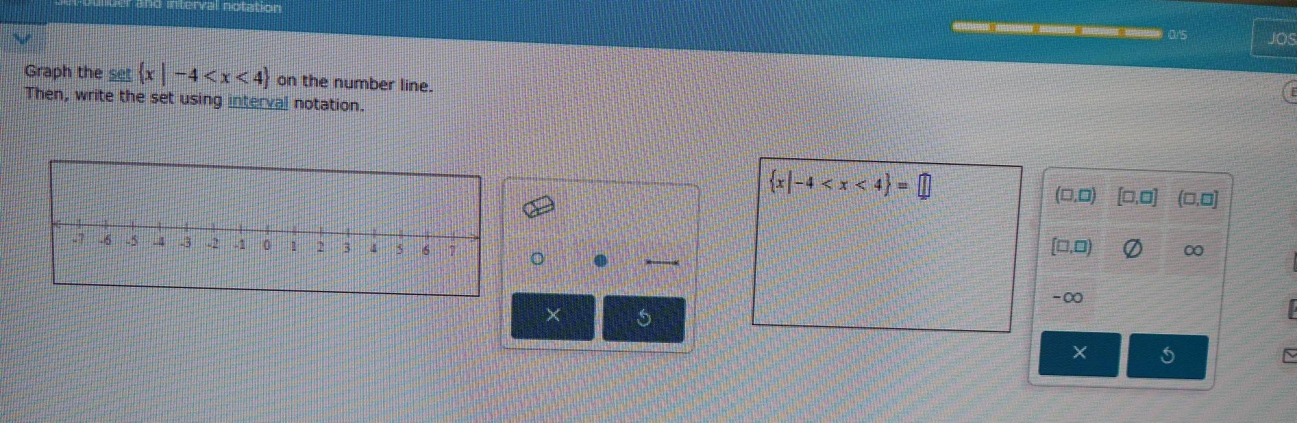 Graph the se  x|-4 on the number line. 
Then, write the set using interval notation.
 x|-4
(□,0) [0,0] (□,□]
。 .
[□,□) Ø ∞
-∞
× 

I 
5 
N