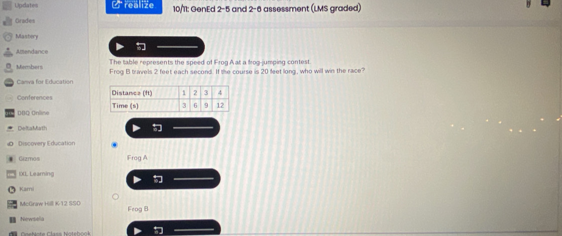 Updates realize 10/11: GenEd 2-5 and 2-6 assessment (LMS graded) 
Grades 
Mastery 

Attendance 
Members The table represents the speed of Frog A at a frog-jumping contest. 
Frog B travels 2 feet each second. If the course is 20 feet long, who will win the race? 
Canva for Education 
Conferences 
DBQ Online 
DeltaMath 
Discovery Education 
Gizmos Frog A 
IXL Learning 
Kami 
McGraw Hill K-12 SSO Frog B 
Newsela 
O neNote Class Notebook