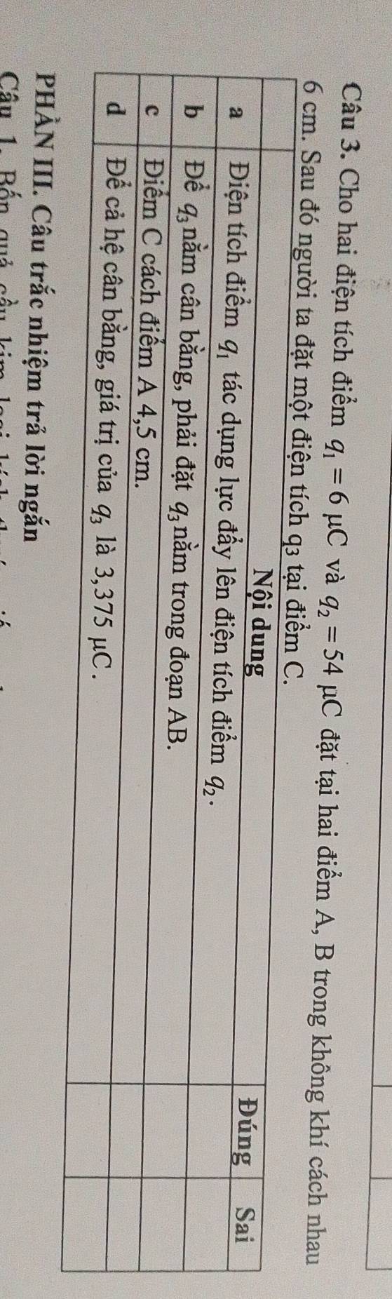 Cho hai điện tích điểm q_1=6mu C và q_2=54mu C đặt tại hai điểm A, B trong không khí cách nhau
6 cm. Sau đó người t
PHÀN III. Câu trắc nhiệm trả lời ngắn
Câu 1 Bốn quả cầu